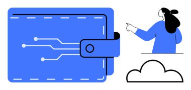 Devre dizaynlı dijital cüzdan, mavi noktalı insan ve bulut sembolü. Teknoloji, finans, dijital işlemler, bulut hizmetleri, online ödemeler için ideal. Minimalist, modern vektör biçimi