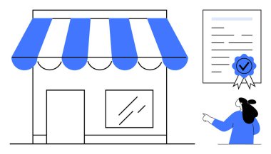 Mavi çizgili tenteli küçük bir dükkan mavi mühürlü bir sertifikanın yanında. Bir kişi sertifikayı işaret ediyor. İş ruhsatı, sertifika, kalite güvencesi, perakende için ideal