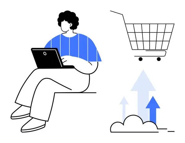 stock vector Person seated with a laptop alongside a shopping cart and arrows heading upwards. Ideal for e-commerce, online shopping, digital marketing, internet usage, and economic growth. Minimalist vector