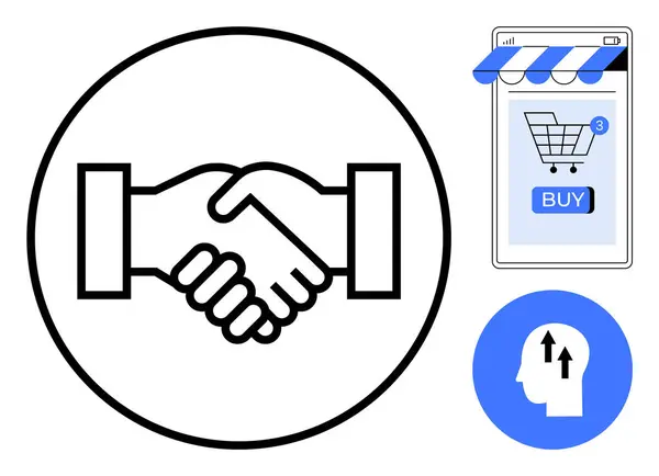 stock vector A handshake icon inside a circle, a shopping cart on a mobile screen with a Buy button, and a head with arrows icon. Ideal for e-commerce, partnerships, online shopping, business agreements