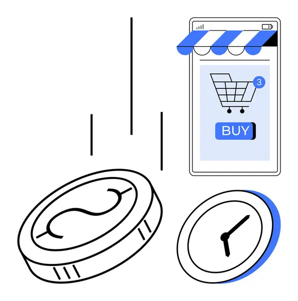 stock vector Smartphone screen showing buy button and shopping cart notification. Coin and clock symbolizing digital transactions and time management. Ideal for ecommerce, finance, time management, fintech