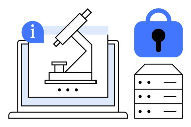 Dijital mikroskop, kilitli bir asma kilit ve sunucu destesiyle birlikte bir laptop ekranında görüntülenir. Teknoloji, veri güvenliği, bilimsel araştırma, çevrimiçi bilgi, dijital analiz için ideal