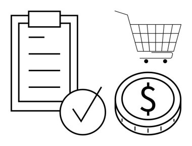 Basit sanat eserleri bir kontrol listesi, alışveriş arabası, dolar parası ve işaretleme işareti gösteriyor. Finans, iş, e-ticaret, alışveriş ve organizasyon için ideal. Minimalist ve modern tarzda net görseller