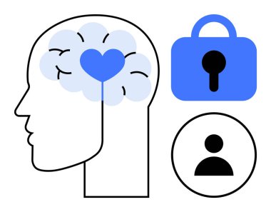 Beyin profili, kalp sembolü olan akıl sağlığını temsil ediyor. Yanında mavi kilit sembolü ve kullanıcı simgesi var. Ruh sağlığı, duygusal zeka, güvenlik, kullanıcı koruması için ideal