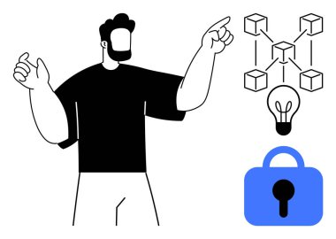 Kişi gösterme, birbirine bağlı küplerden oluşan ağ, fikirleri ve yeniliği sembolize eden ampul, güvenliği gösteren mavi kilit. Teknoloji, engelleme zinciri, güvenlik, yenilik ve eğitim için ideal. Minimalist
