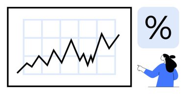 Bir kişi belirgin bir yüzde işaretli büyüme tablosuna işaret eder. Finansal analiz, iş büyümesi, veri görselleştirme, istatistik ve piyasa eğilimleri için ideal. Basit vektör biçimi