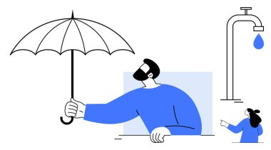 Şemsiye tutan bir adam, damlayan musluğu gösteren küçük bir adam. Yağmur koruması, su sorunları, korunma, farkındalık ve güvenlik için ideal. Basit, minimalist stil