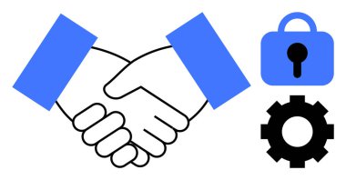 İki el titriyor, mavi bir asma kilit ve bir vites görünüyor. İşbirliği, güvenlik, ortaklık, takım çalışması ve iş anlaşmaları için ideal. Modern vektör biçimi