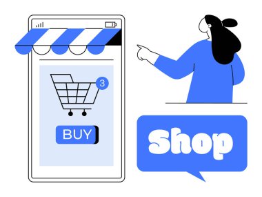 Akıllı telefonun içindeki alışveriş arabasını işaret eden adam satın alma düğmesiyle. E-ticaret, çevrimiçi perakende, mobil alışveriş, dijital pazarlama ve teknoloji için ideal. Modern minimalist stil