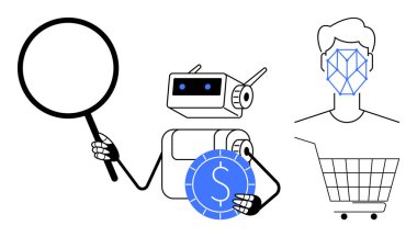 Büyüteci ve parası olan robot, yüz tanıma ve alışveriş arabası olan insan. E-ticaret, yapay zeka, otomasyon, finans ve yüz tanıma temaları için ideal. Temiz ve modern stil