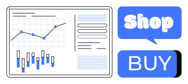 Bir iş paneli mavi dükkan ve düğmelerin yanı sıra veri grafikleri ve grafikleri gösterir. Çevrimiçi alışveriş eğilimleri, iş analizleri, e-ticaret stratejileri, dijital pazarlama ve İnternet için ideal