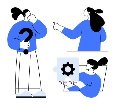 Minimalist tarzda problem çözme üzerine odaklanan üç birey. Birinin soru işareti, diğerinin noktası vardır ve üçüncüsü de teçhizatlı bir yapboz parçasını inceler. Sorun çözme ve takım çalışması için ideal.