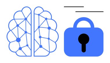 Mavi kilit ikonuna bitişik mavi sinirsel ağ beyin grafiği. Siber güvenlik, makine öğrenimi, yapay zeka koruması, veri güvenliği ve bilişsel teknoloji temaları için idealdir. Basit tasarım, temiz