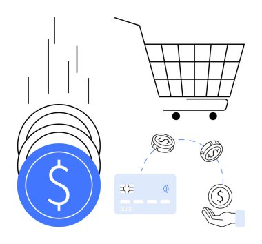 Dolar sembollü sikkeler, alışveriş arabası, bozuk para tutan bir el ve dijital ödemeleri gösteren bir kart gösteriyor. E-ticaret, finans, dijital işlemler, mobil ödemeler, çevrimiçi alışveriş için ideal