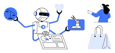 Birden fazla kolu olan robot adalet terazileri, robot kol, veri tabloları ve alışveriş çantası gösteriyor. Teknoloji, otomasyon, yapay zeka, veri yönetimi, ekommerce için ideal