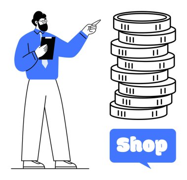 Elinde dosya olan bir adam mavi bir dükkan düğmesinin yanındaki madeni paraları işaret ediyor. İş, alışveriş, ticaret, finansal hizmetler, pazarlama için ideal. Basit modern tarz. Vektör sanatı