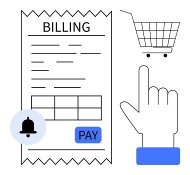 Fatura makbuzu, bildirim zili ve alışveriş arabasının yanında parmak vurma ödeme düğmesi. E-ticaret, çevrimiçi ödemeler, alışveriş, bildirimler ve kullanıcı arayüzü tasarımı için ideal