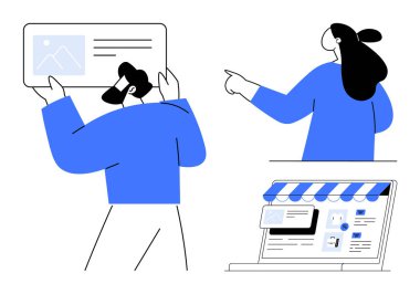Web tasarımı üzerinde çalışan iki kişi. Bir kişi bir web sayfası kablosunu tutarken, diğeri fikirlere işaret ediyor. Bir dizüstü bilgisayar, farklı elementlere sahip bir web sayfası prototipini gösterir. Web tasarımı için ideal