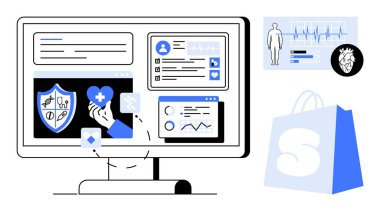Dijital sağlık hizmetleri, sağlık uygulamaları ve tıbbi verileri gösteren bilgisayar ekranı. Bir de alışveriş çantası. Çevrimiçi sağlık, tıbbi uygulamalar, teletıp, e-ticaret, teknolojik yenilik için ideal