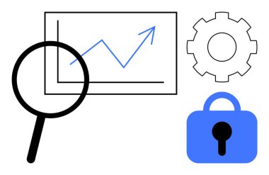 Büyüteç, yükselen çizelge, vites ve kilit sembolü. Veri analizi, güvenlik, sistem optimizasyonu, verimlilik ve siber güvenlik için ideal. Minimalist vektör tasarımı