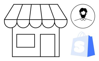 Minimalist beyaz ve siyah dükkan önü, dairesel çerçeveli insan portresi ve amblemli mavi bir alışveriş çantası. Perakende, e-ticaret, ticari markalaşma, alışveriş ve müşteri hizmetleri için ideal