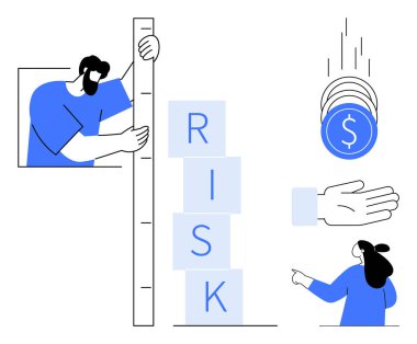 Kişi blok istifleme riskini ölçer, madeni paralar açık bir ele düşer ve bir kadın işaret eder. Finansal risk, yatırım, iş kararları, finansal planlama, ekonomik analiz için idealdir. Biçim