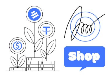 Plants growing from piles of coins with cryptocurrency symbols and a digital signature represent investment growth. Ideal for cryptocurrency, digital payments, online shopping, investment growth