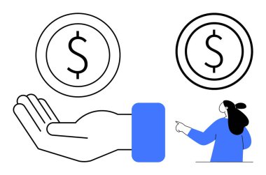 Bir kadının işaret ettiği bir dolar sembolünün üzerinde başka bir dolar simgesi var. İş, finans, bankacılık, tasarruf, yatırım için ideal. Basit çizgiler ve mavi aksanlı minimalist biçim