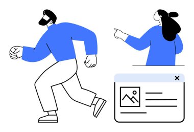 Çizgi filmlerdeki gibi koşan bir adam ve bir kadın web arayüzü panelini işaret ediyor. İki karakter de mavi bluz giyiyor. Sunumlar için ideal, takım işbirliği, web tasarımı, proje yönetimi