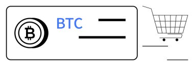 BTC metninin yanında Bitcoin logosu ve kartı andıran yatay çizgiler. Sağdaki boş bir alışveriş arabası online alışveriş öneriyor. Şifreleme, e-ticaret, çevrimiçi ödeme, Bitcoin için ideal