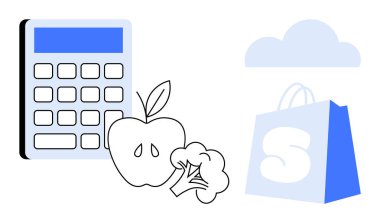 Hesap makinesi, elma, brokoli ve S logolu alışveriş çantası. Sağlıklı beslenme, beslenme, akıllı alışveriş ve finansal planlama için ideal. Basit, modern tarz.