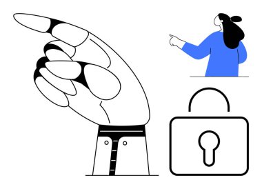 Solu gösteren büyük siyah beyaz bir el, mavi kazaklı bir kadın ve güvenlik, yön, rehberlik, gizlilik ve navigasyon teması için ideal siyah ve beyaz bir asma kilit sembolü. Minimalist