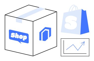 Alışveriş sembolleriyle dolu bir kutu ve çevrimiçi perakende satış gösteren bir çanta. E-ticaret, online alışveriş, teslimat hizmetleri, perakende büyümesi, pazarlama için ideal. Modern temizlik biçimi