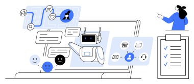 Bilgisayar ekranındaki yapay zeka robotu, ruh hallerini, kullanıcı profilini, iletişim simgelerini, kontrol listesini ve işaret eden kişiyi gösteren simgeler. Yapay zeka teknolojisi, müşteri hizmetleri, sohbet robotları, otomasyon için ideal.