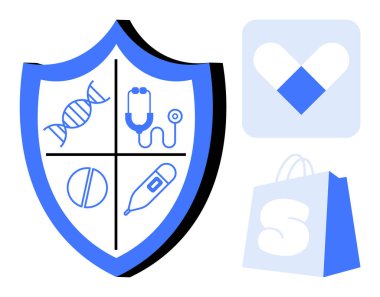 DNA, steteskop, hap ve termometre gibi tıbbi sembolleri olan mavi ve beyaz bir kalkan. Sağlık sigortası, tıbbi hizmetler, eczane, online alışveriş, sağlık uygulamaları için ideal. Minimalist vektör