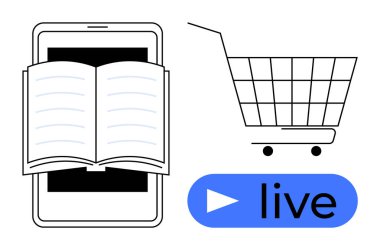 Tablet üzerinde açık bir kitap ve canlı yayın düğmesinin yanında bir alışveriş arabası. E-öğrenme, çevrimiçi alışveriş, dijital medya, mobil teknoloji ve canlı yayın temaları için ideal. Basit satır sanatı tarzı