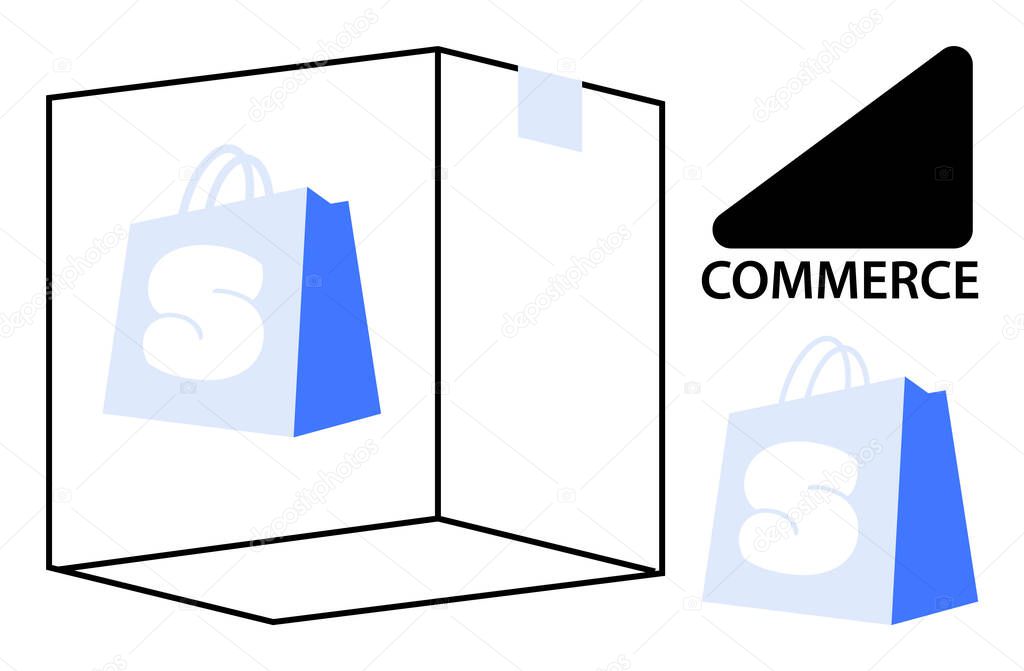 Shopping bag symbol inside transparent box with tape and Commerce text nearby. Ideal for online shopping, retail business, digital marketing, e-commerce platforms, and technology integration. Simple