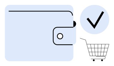 Cüzdan işaretli ve alışveriş arabasının yanında. E-ticaret için ideal, güvenli işlemler, çevrimiçi ödemeler, mali yönetim, dijital cüzdanlar. Basit, temiz bir tarz. Renkler açık mavi ve siyah