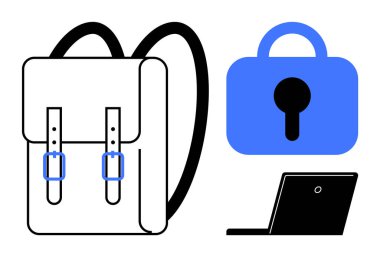 İçinde bir sırt çantası, bir dizüstü bilgisayar ve kilit var. Eğitim, seyahat, güvenlik, dijital güvenlik ve teknoloji temaları için ideal. Basit çizgileri ve katı renkleri olan minimalist bir tarz.