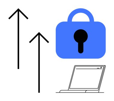 Mavi kilit simgesi bir dizüstü bilgisayar ve yukarı bakan iki ok. Siber güvenlik veri koruması internet gizliliği online güvenlik ve yazılım güncellemeleri için idealdir. Asgari basit modern biçim