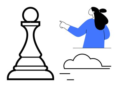 Büyük bir satranç piyonu, altında bulut olan birinin yanında minimalist bir şekilde duruyor. Oyun teorisini basitleştirmek ve odaklanmak için iş stratejisi kararı için idealdir. Siyah ve mavi