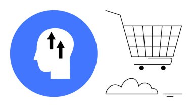 Yukarı doğru büyümeyi işaret eden oklar ve bulutlu beyaz bir arka planda alışveriş arabası olan bir kafa. İş için ideal, e-ticaret, pazarlama, tüketici davranışı, dijital büyüme. Basit, modern, temiz