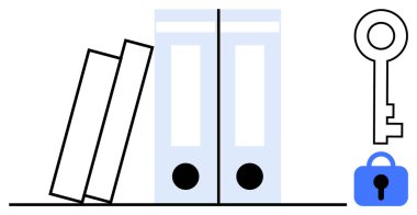 Mavi klasörler ve eğik kitaplar, güvenliği gösteren anahtar ve asma kilit simgeleriyle belge deposunu vurguluyor. Veri gizliliği, örgütsel uygulamalar, ofis ortamları, güvenli depolama için ideal