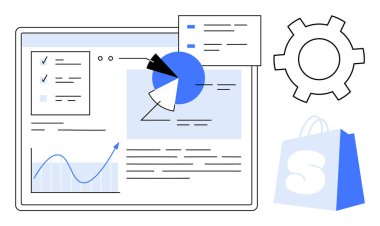 Grafikler, pasta grafikleri ve alışveriş poşeti ikonu içeren veri analizi paneli. E-ticaret, veri analizi, pazarlama stratejisi, iş yönetimi, performans takibi için ideal. Çağdaş düz tasarım