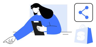 Elinde dosya tutan uzun saçlı bir kadın. Etrafında pazarlama sembolleri olan bir şeye işaret ediyor. Mesela hisse senedi ve alışveriş çantası gibi. İş için ideal, pazarlama, e-ticaret, takım çalışması, planlama