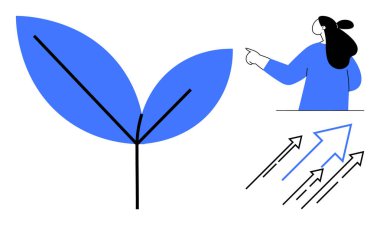 İki yapraklı ve yukarı doğru oklu bir bitkiyi işaret eden kadın. Büyüme, gelişme, gelişme, doğa ve yön temaları için idealdir. Düz tasarım biçimi düzgün bir şekilde büyüme kavramlarını iletir