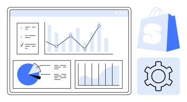 Çizgi, pasta grafikleri, çubuk grafikleri ve istatistikleri olan bilgisayar ekranı. Dükkan ve vites simgeleri yakında. İş analizi, pazarlama, veri görselleştirme, e-ticaret ve teknoloji temaları için idealdir. Minimalist