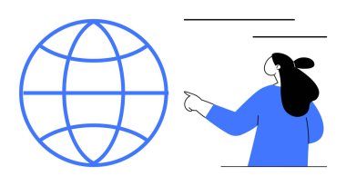 Şebeke desenli küreyi gösteren bir kadın. Eğitim, küresel bağlantı, navigasyon, coğrafya ve teknoloji temaları için ideal. Temiz illüstrasyon, düz vektör biçimi, mavi ve siyah çizgilerle