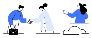 Bir erkek ve bir kadın el sıkışırken diğeri öne doğru işaret ediyor. Takım çalışması iş iletişimi işbirliği ortaklığı ve hedef belirleme için ideal. Basit düz vektör üç renk biçimi