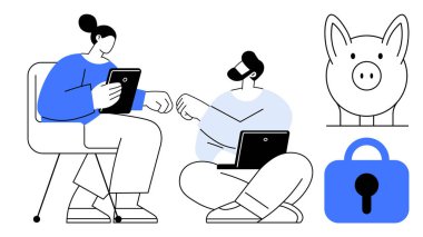 İki kişi işbirliği öneren cihazlarla etkileşime giriyor. Domuz kumbarası finansal tasarrufları temsil ediyor. Kilit güvenliği simgeler. Finansal yönetim, çevrimiçi güvenlik ve dijital işbirliği için ideal